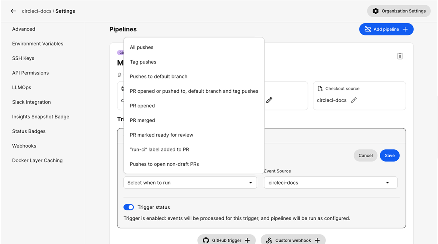 Triggers page with Run on menu open
